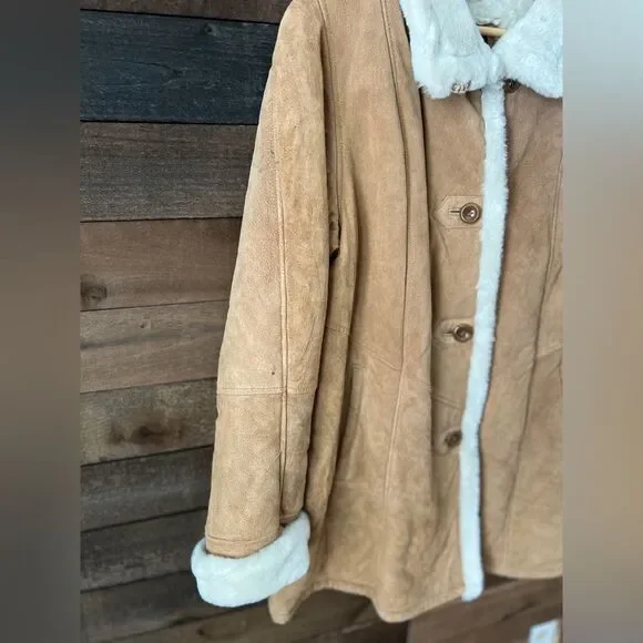 Vintage 90s Faux Shearling Gallery Caramel Winter Coat Warm Lined Medium - Picture 11 of 12